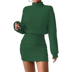 Women Ribbed Knit Sweater Grass Green Dress Lantern Sleeve Turtleneck Bodycon